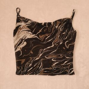 Dress Forum Black Brown Abstract Print Smocked Back Sleeveless Crop Top 